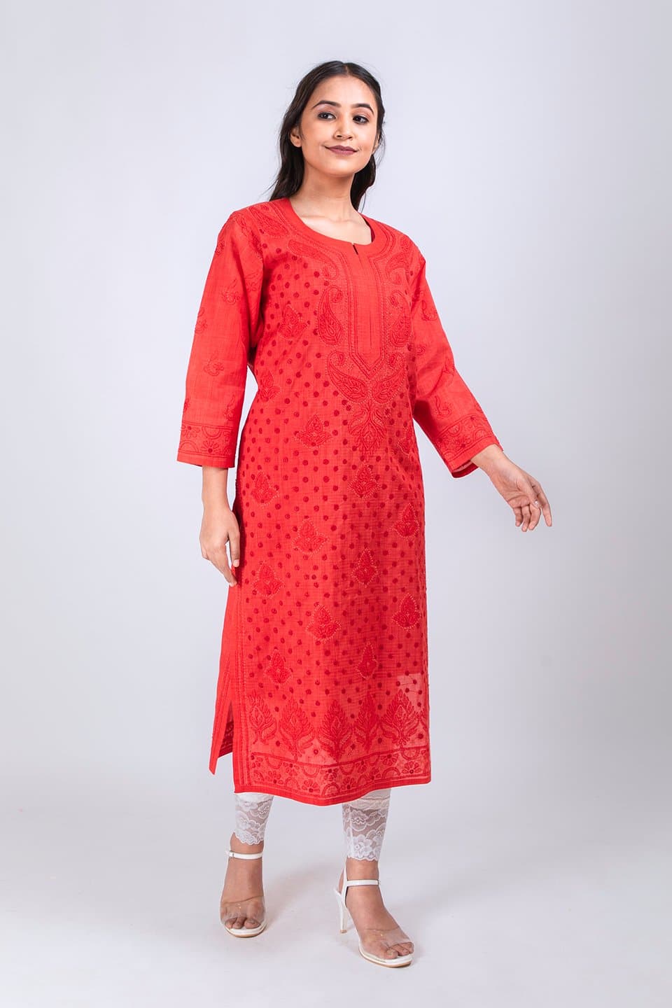 Buy RED FEATHER Straight Georgette Chikankari Kurti for Women (Red, XL) at  Amazon.in